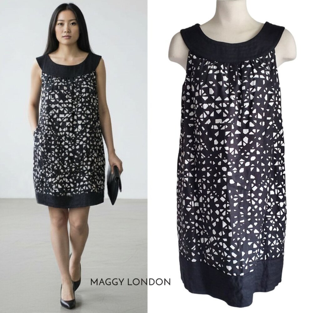 Maggy London 100% Linen Dress Mod Retro Black White Size 6